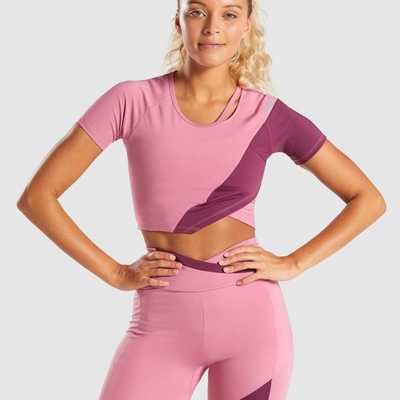 2pc set Gymshark Asymmetric Leggings + crop top - Dusky Pink/dark Ruby - Picture 1 of 13